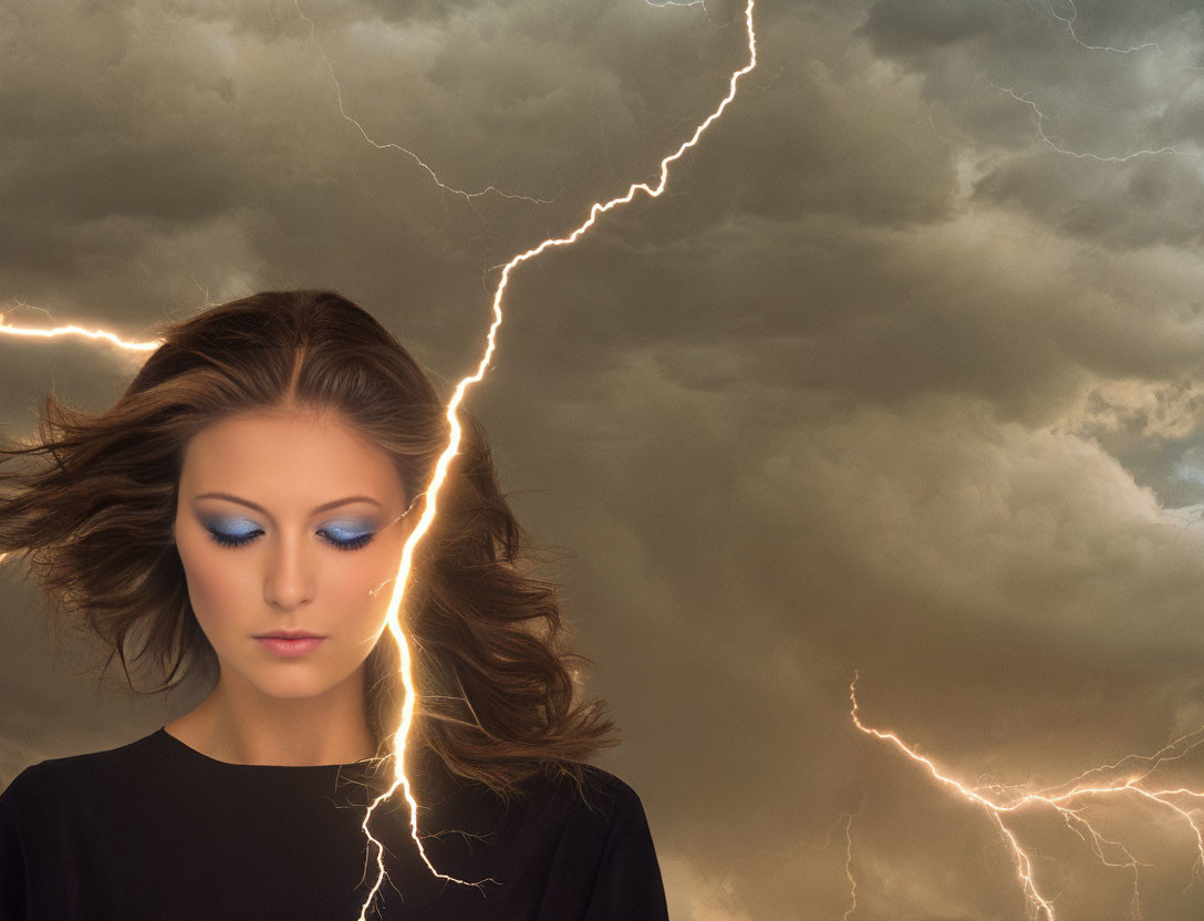 Woman with closed eyes and blue eyeshadow against stormy sky with lightning.