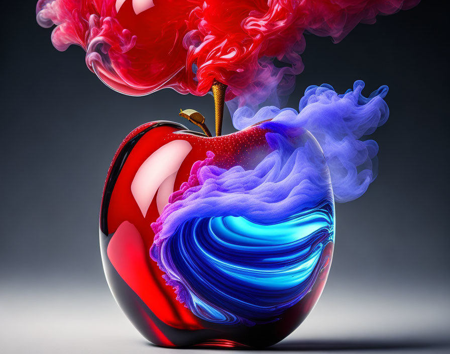 Vibrant red apple with blue and purple swirl on gray background