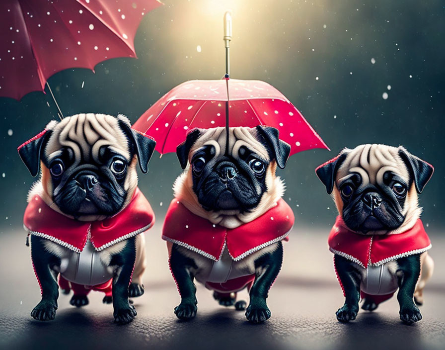 Three pugs in red coats under a polka-dot umbrella in snowfall