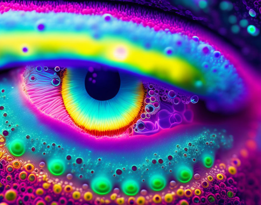 Colorful macro shot of human eye with neon highlights and bubbles