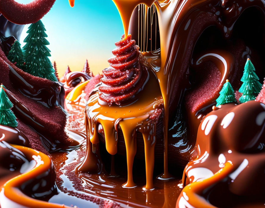 Chocolate landscape with caramel rivers and candy decorations