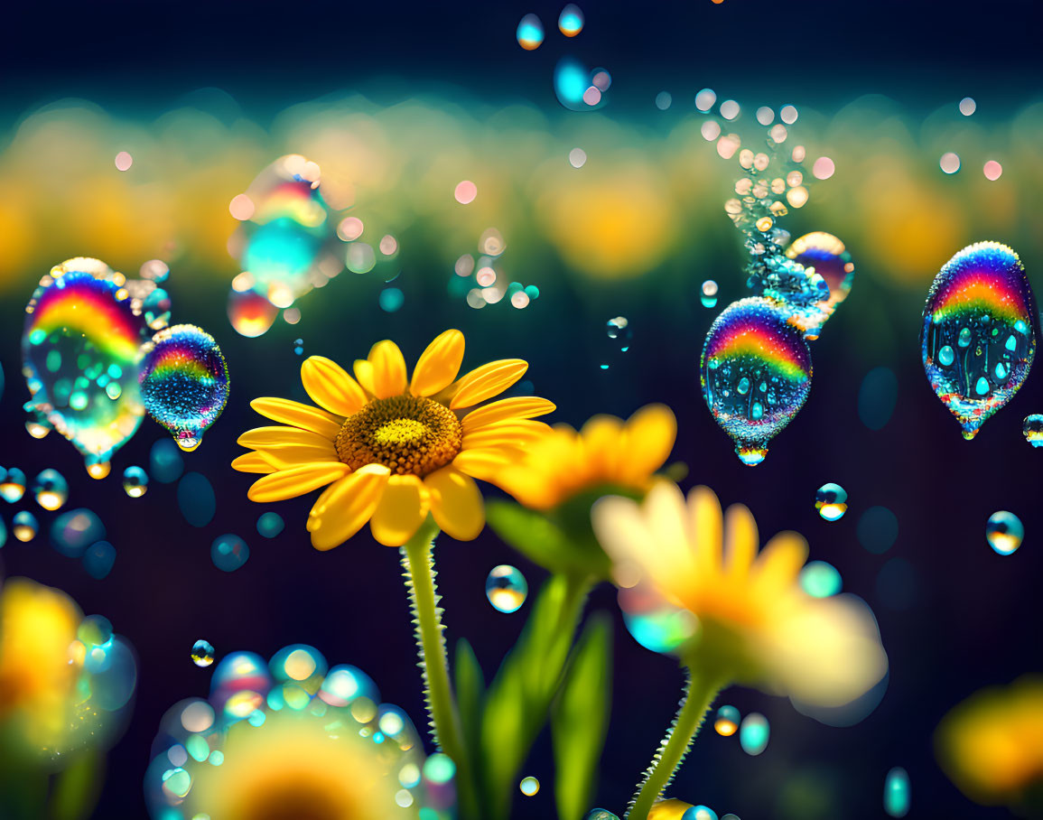 Colorful Sunflower with Rainbow Dew Drops on Bokeh Background