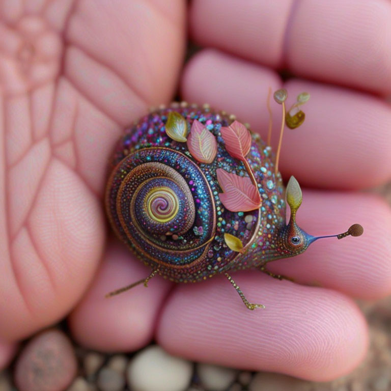 Colorful Bejeweled Snail on Human Palm with Glittering Patterns