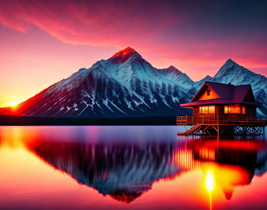 Tranquil lake at sunrise with snowy mountains