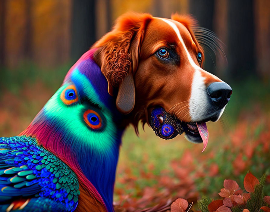 Digitally altered image: Dog with multi-colored fur in autumn foliage