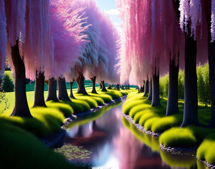 Tranquil fantasy landscape with pink foliage and stream