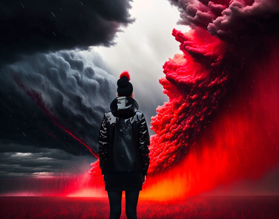 Person facing dramatic sky with ominous clouds over surreal red landscape