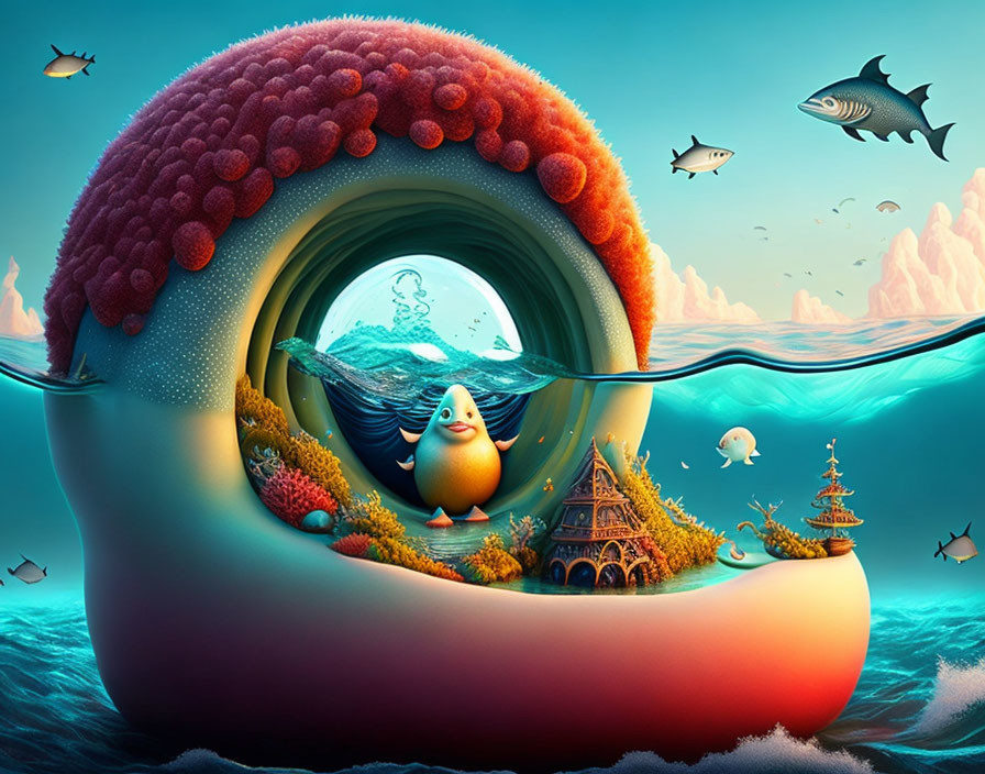 Colorful Underwater Scene with Orange Fish, Aquatic Creatures, House, Coral & Sky Fish