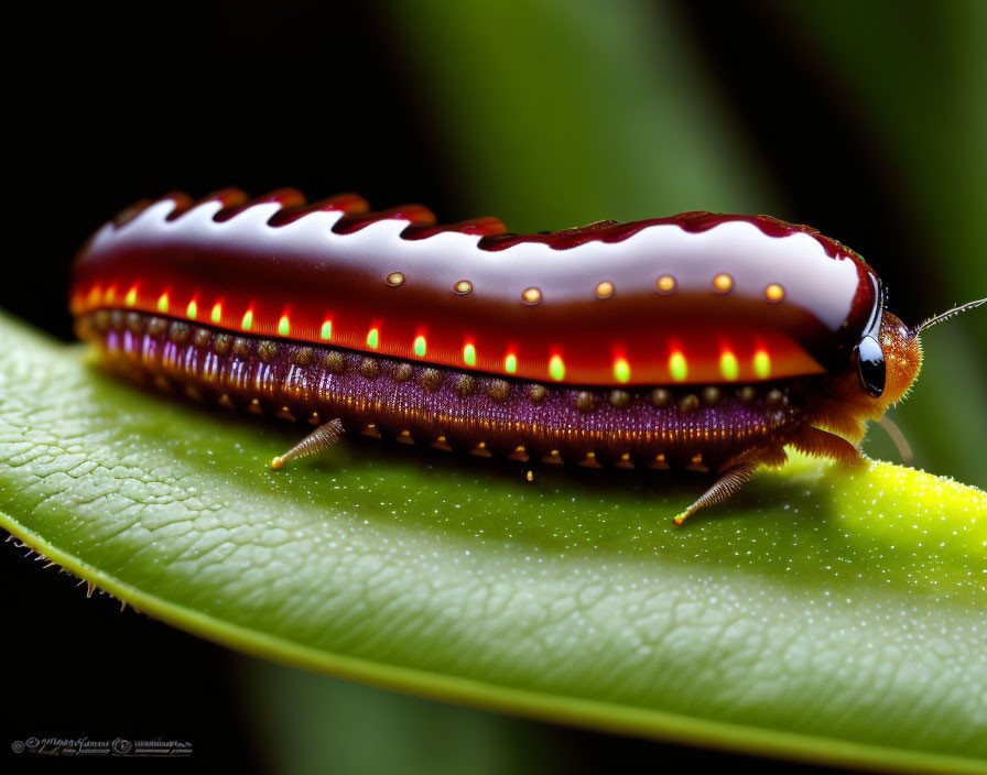 Vibrant patterned caterpillar on green leaf