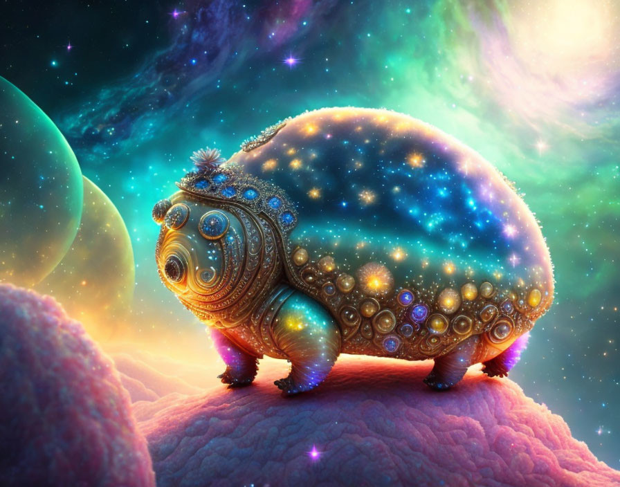 Cosmic turtle with galaxy shell in vibrant nebula landscape