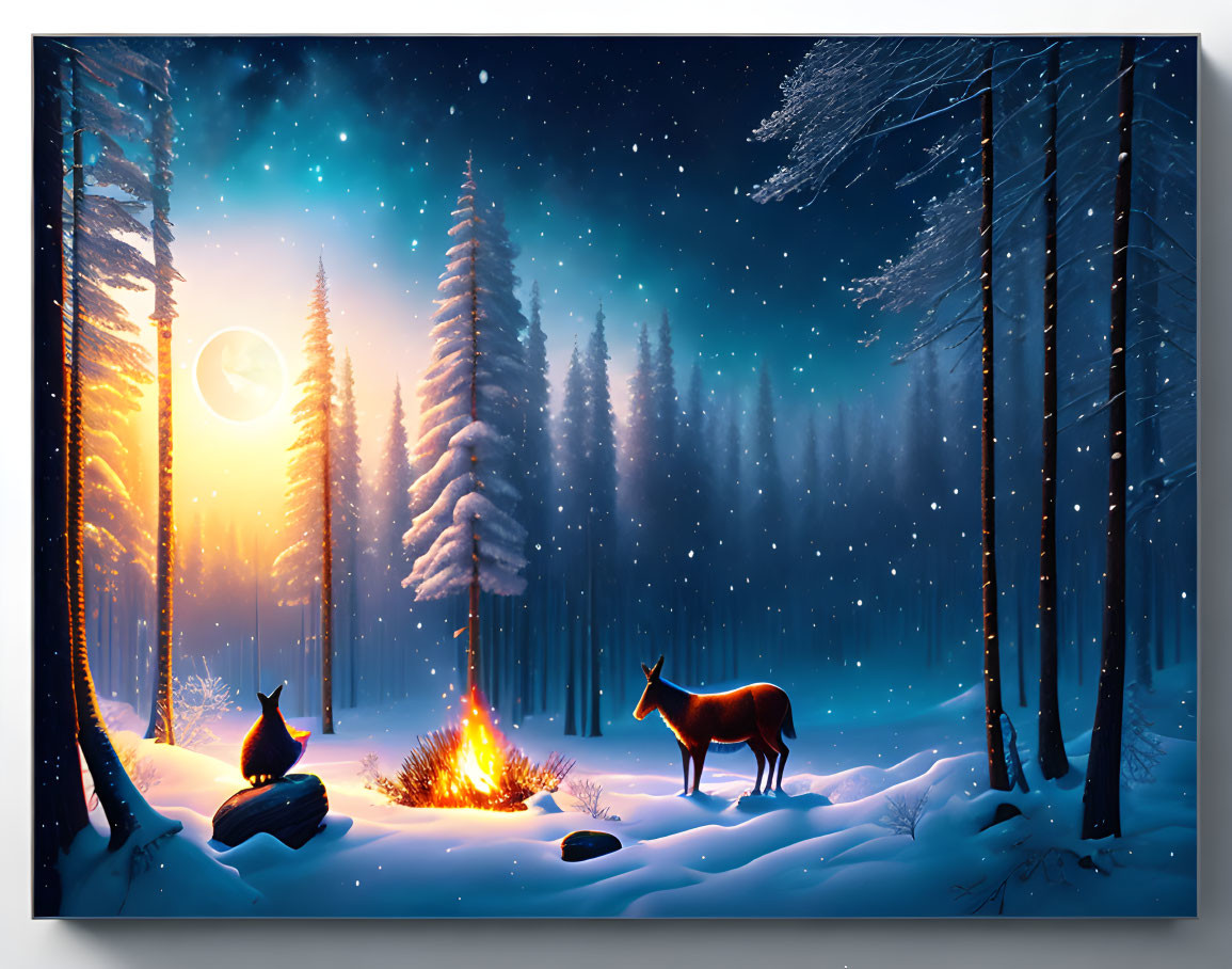 Snow-covered forest with campfire, lone deer, and starry sky on tranquil winter night