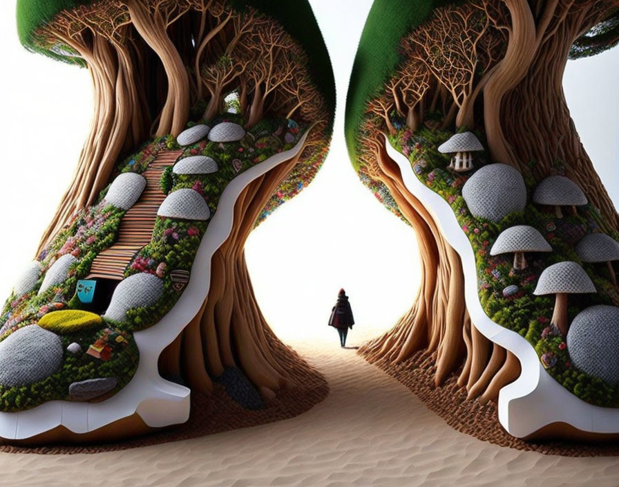 Surreal image of massive trees, pathways, flowers, and figure