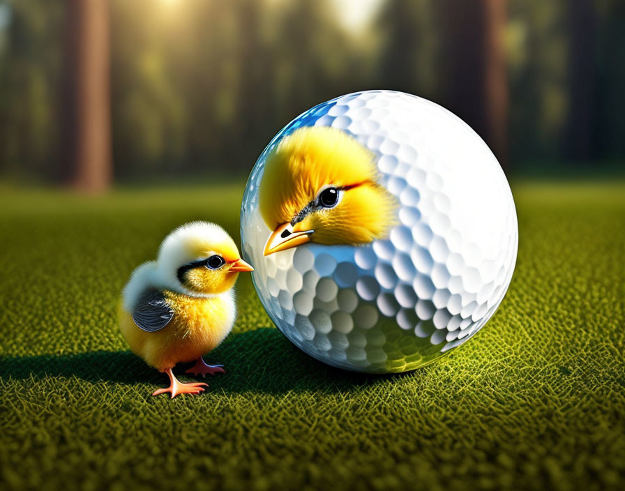 Chick with face on golf ball in grassy setting