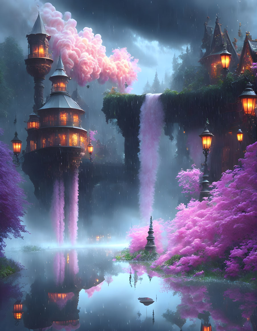 Fantastical Twilight Scene with Pink Foliage and Glowing Castle