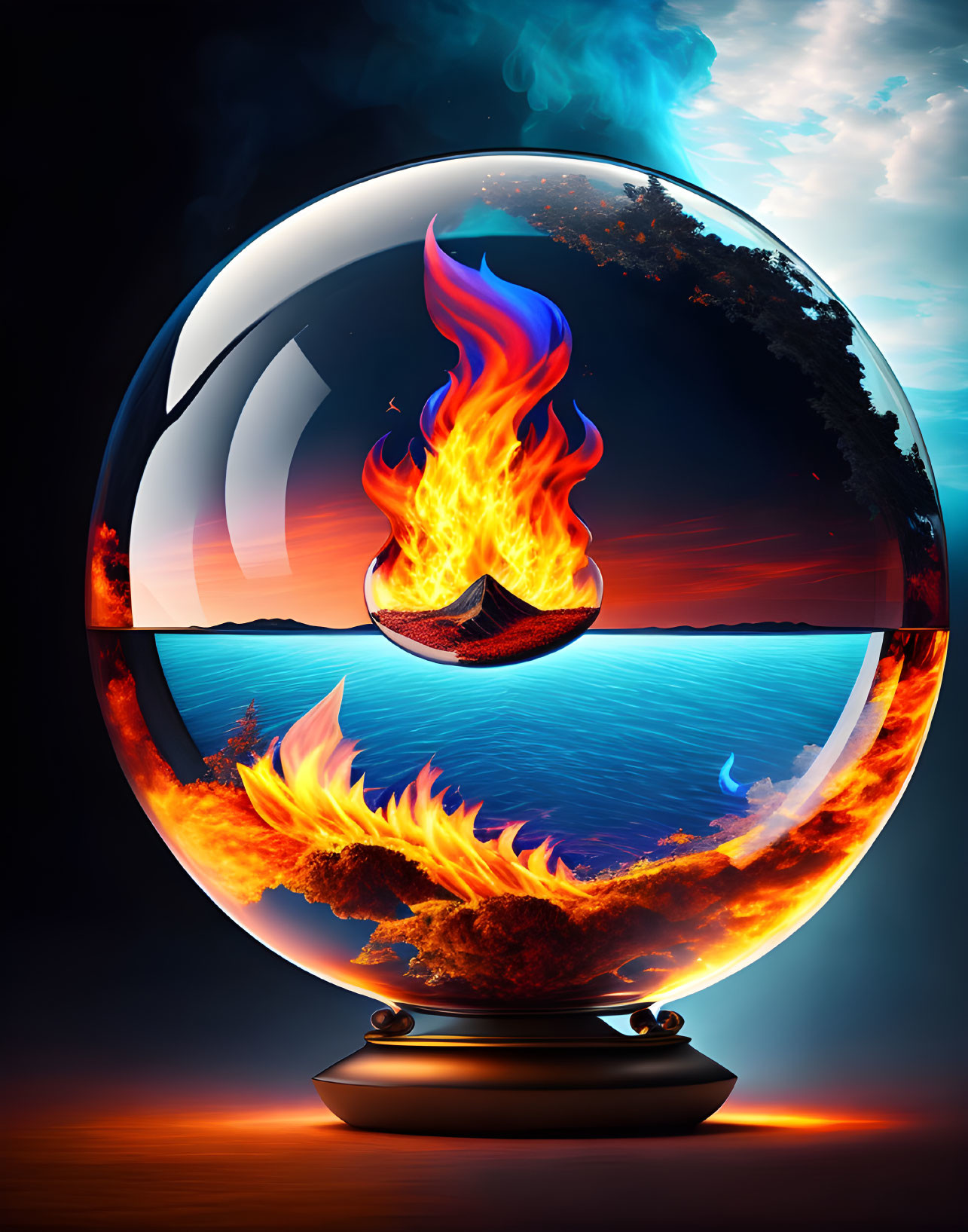 Crystal Ball Digital Illustration: Fiery Landscape with Flames, Land, and Water