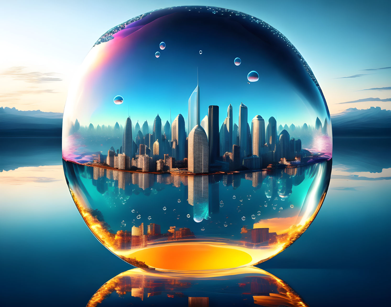 Urban skyline in reflective bubble over calm water with smaller bubbles