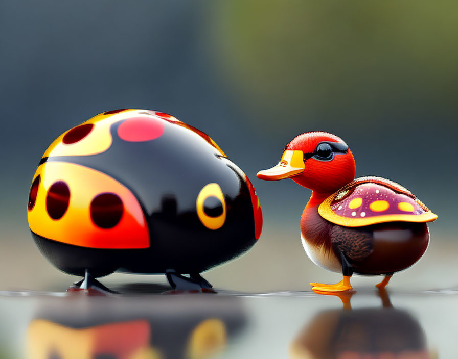 Detailed Toy Ladybug and Duckling Figurines on Reflective Surface