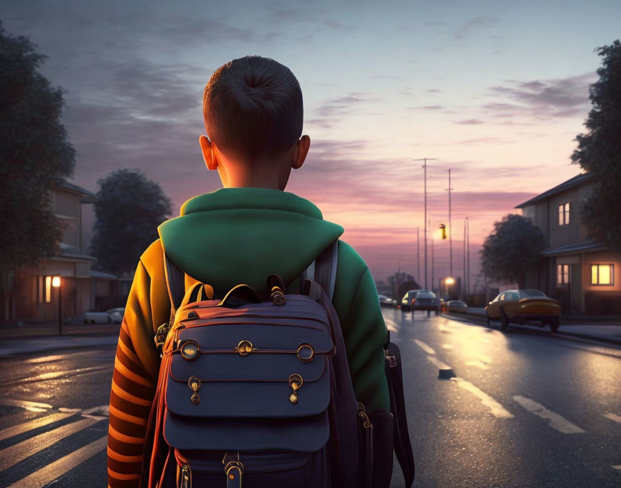 Young boy with backpack on suburban road at dawn, facing row of houses under twilight sky