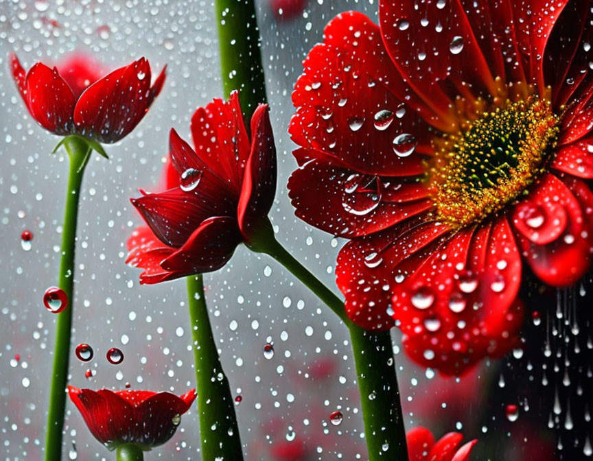 Bright red gerbera flowers with water droplets on petals against raindrop-speckled grey background