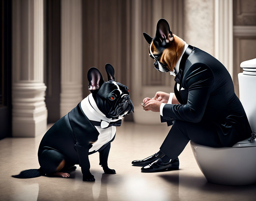 Man in suit with bulldog head & French bulldog in bow tie in luxurious room