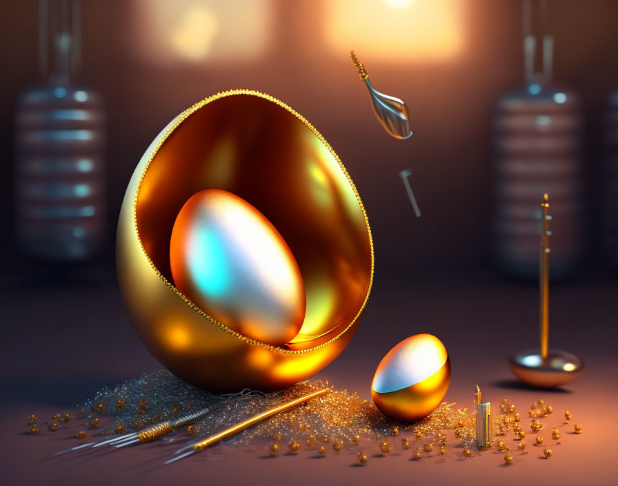 Colorful Glowing Eggs with Metallic Textures and Abstract Shapes