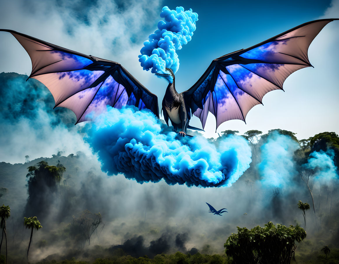 Majestic dragon flying over misty forest with blue smoke trail