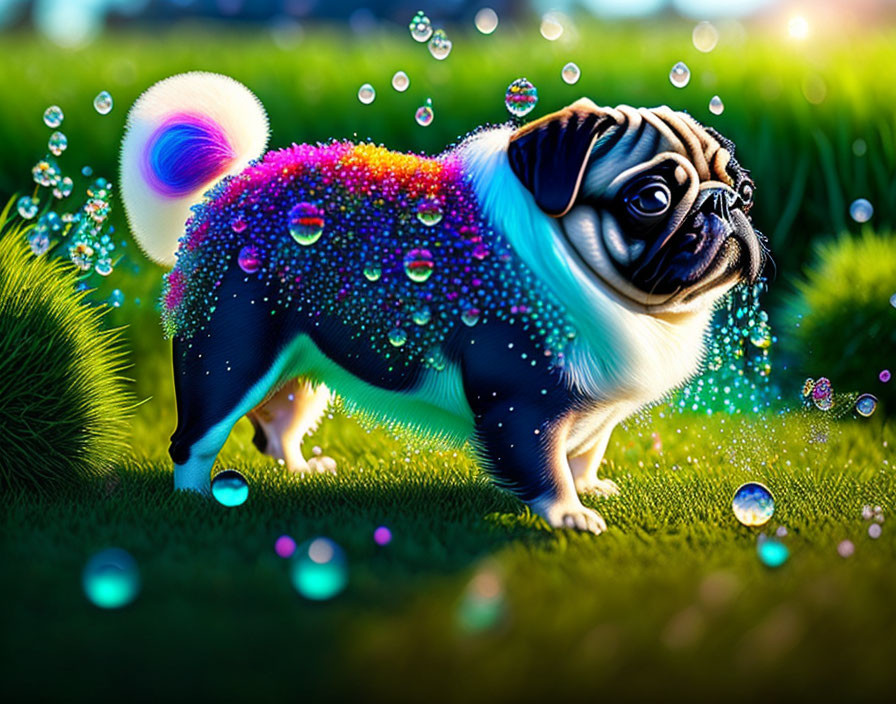 Colorful Pug with Sparkling Coat Surrounded by Bubbles and Luminous Backdrop