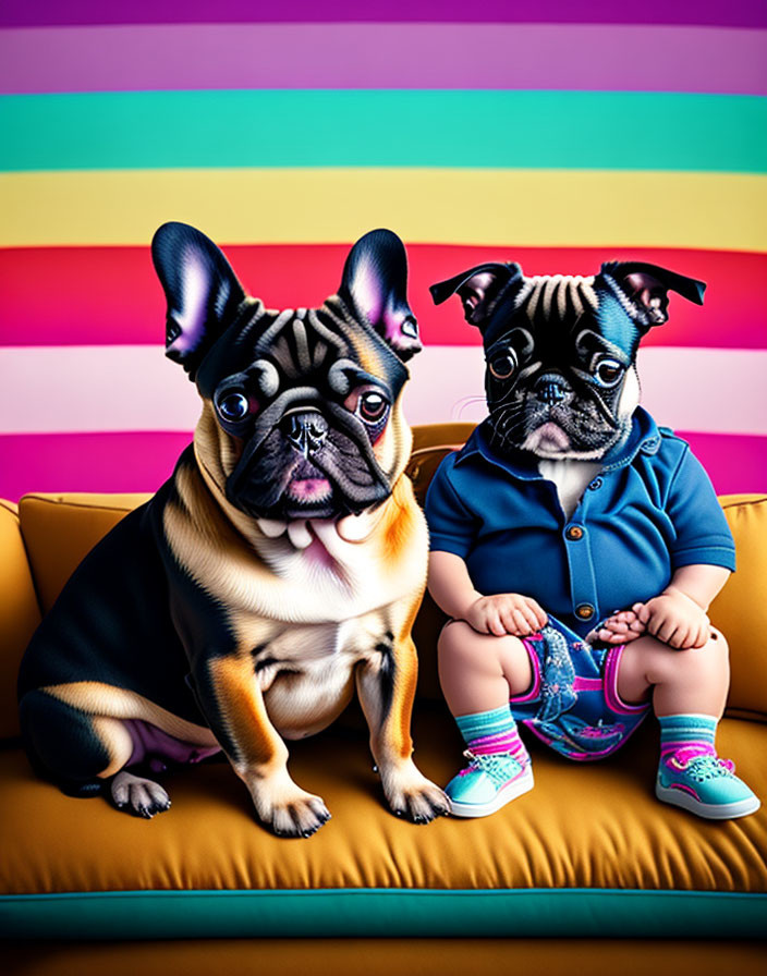 Stylized bulldogs on yellow couch with colorful background in different outfits