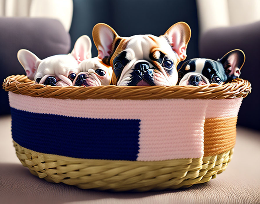 Four French Bulldogs in various coat colors sitting closely in a basket with a knitted blanket