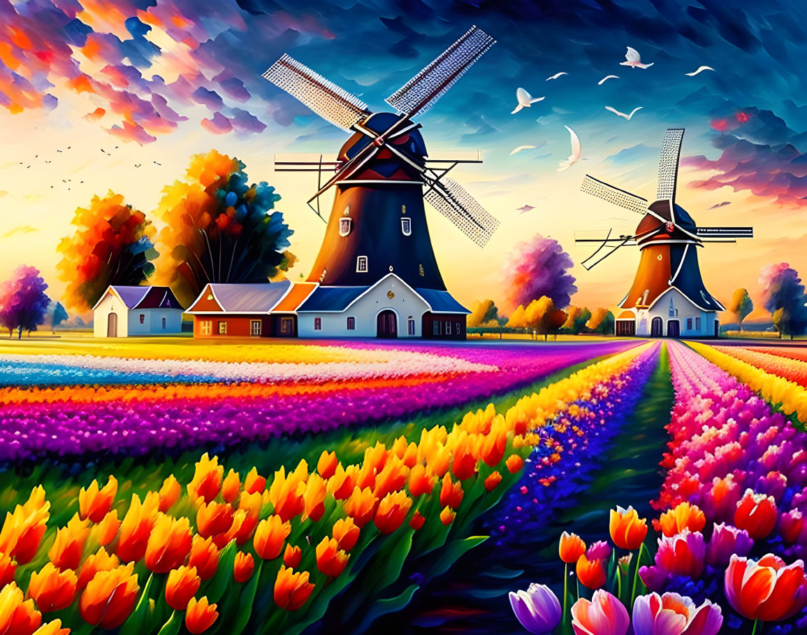 Colorful Tulip Field and Windmills at Sunset With Birds