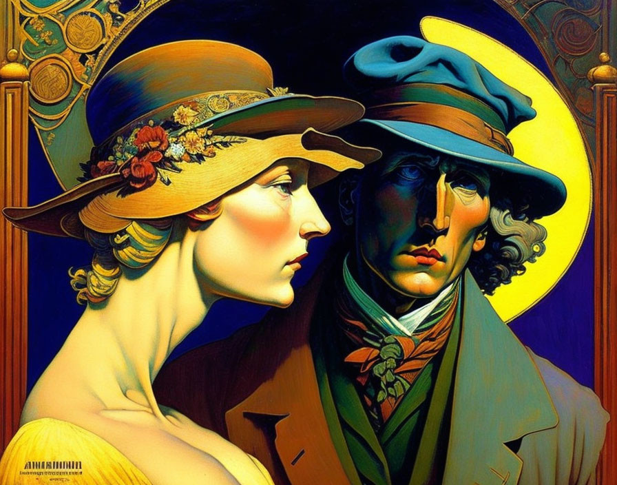 Man and woman in ornate hats in profile on golden Art Nouveau background