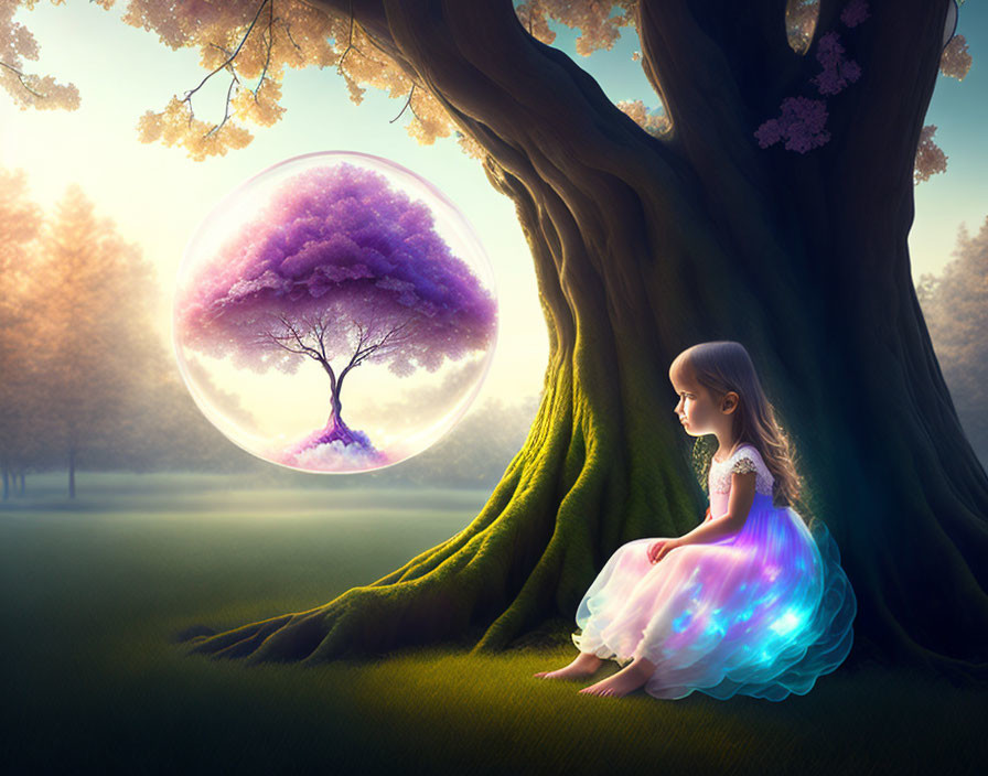 Young girl in dress gazes at floating bubble with purple tree in surreal forest landscape