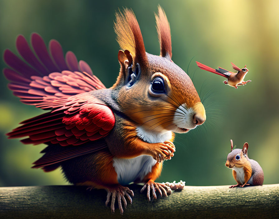 Surreal image of red-winged squirrel and tiny hummingbird-like squirrel with onlooker