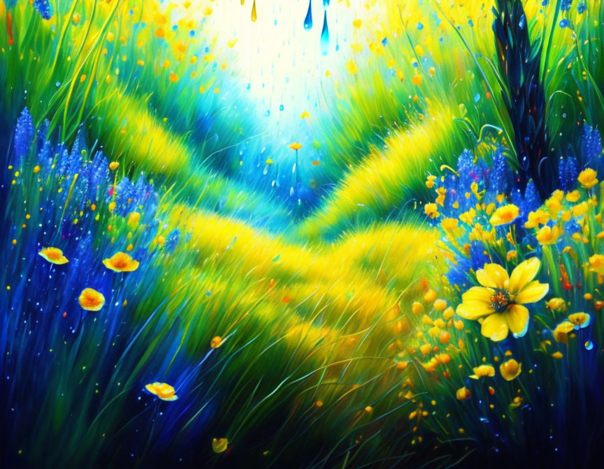 Colorful painting of grassy pathway with flowers under raindrops and light rays