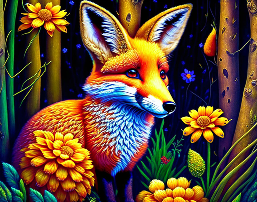 Colorful Fox Illustration in Lush Greenery and Flowers