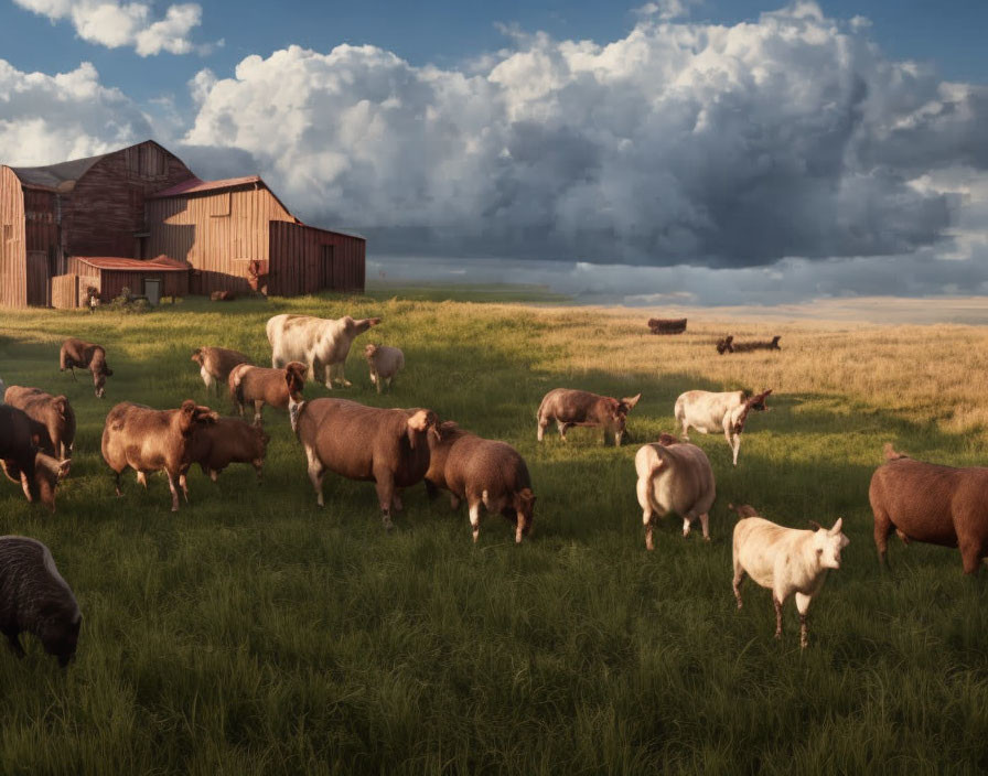 Sheep grazing in field with old barn under dramatic sky