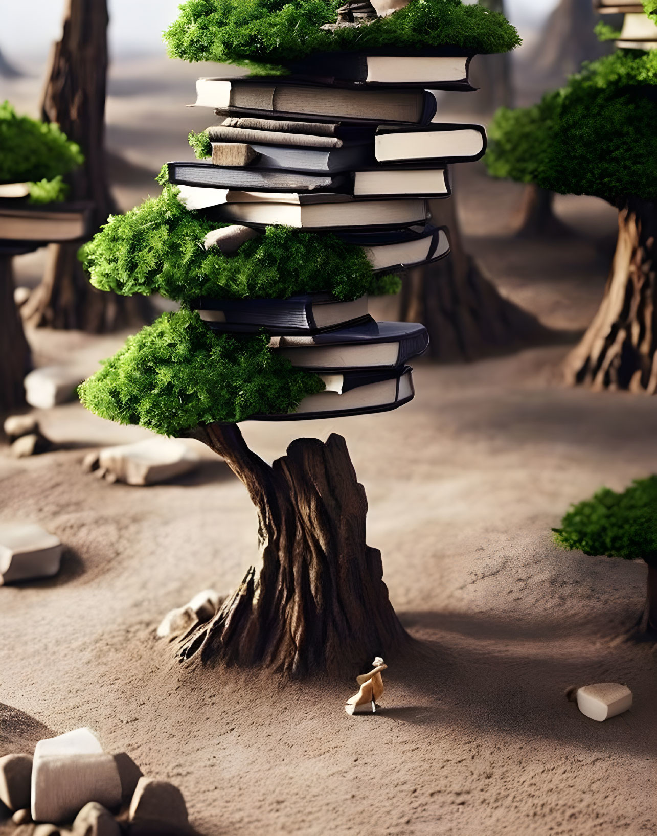 Miniature figure under towering spiral of books and bonsai trees in serene landscape