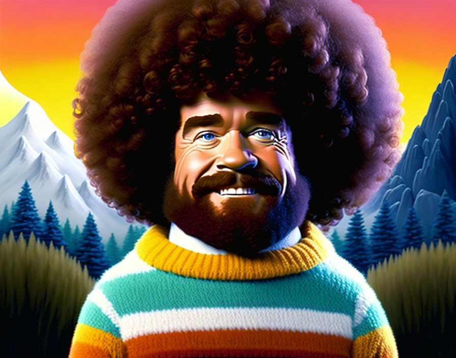 Smiling man with afro in striped sweater against mountain sunset