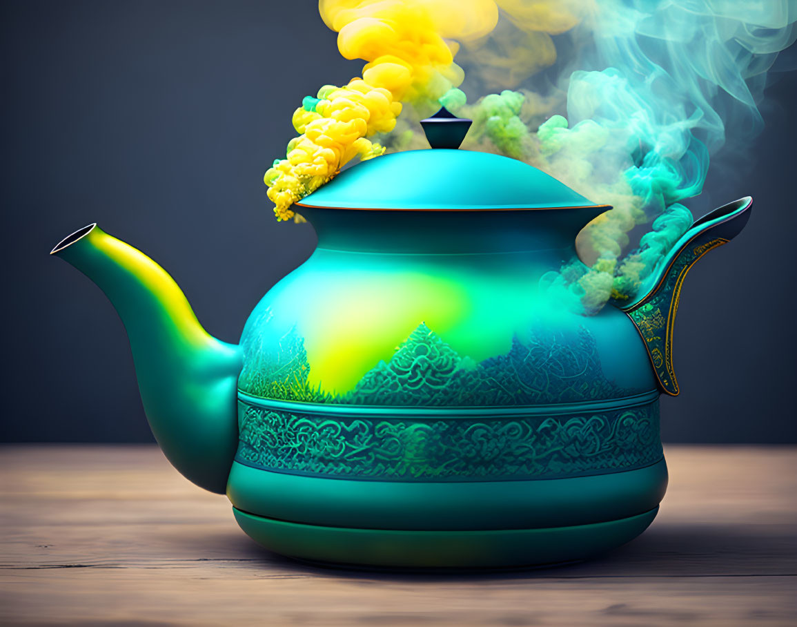 Ornate teakettle emitting flower-shaped steam on wooden table