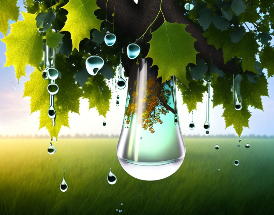 Conical flask with droplets and leaves on tree branch in nature-science setting