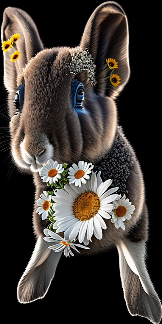 Realistic rabbit illustration with flowers on black background