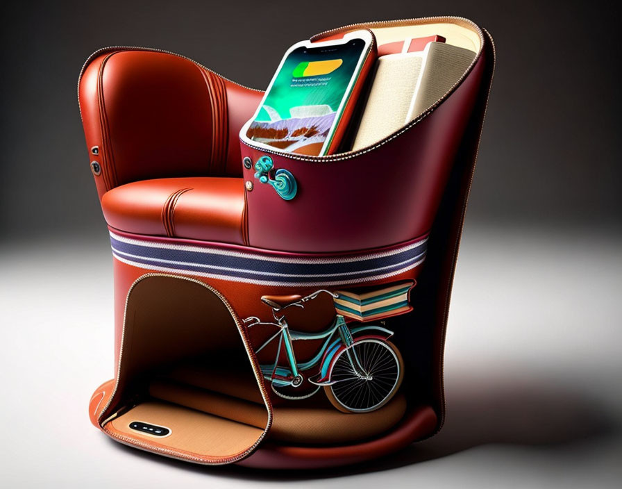 Digital illustration of leather armchair handbag with smartphone, book, and miniature bicycle.