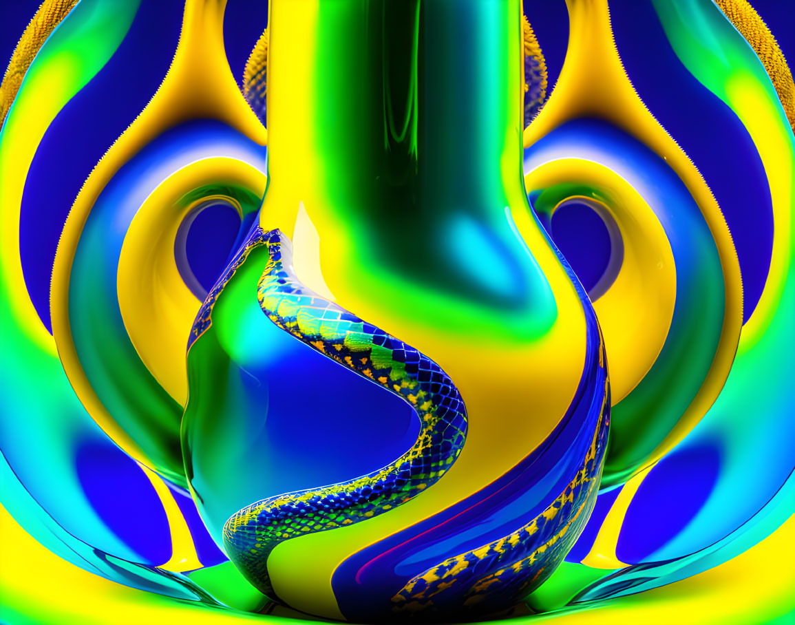 Colorful abstract artwork: Blue and yellow snake pattern on vibrant backdrop.