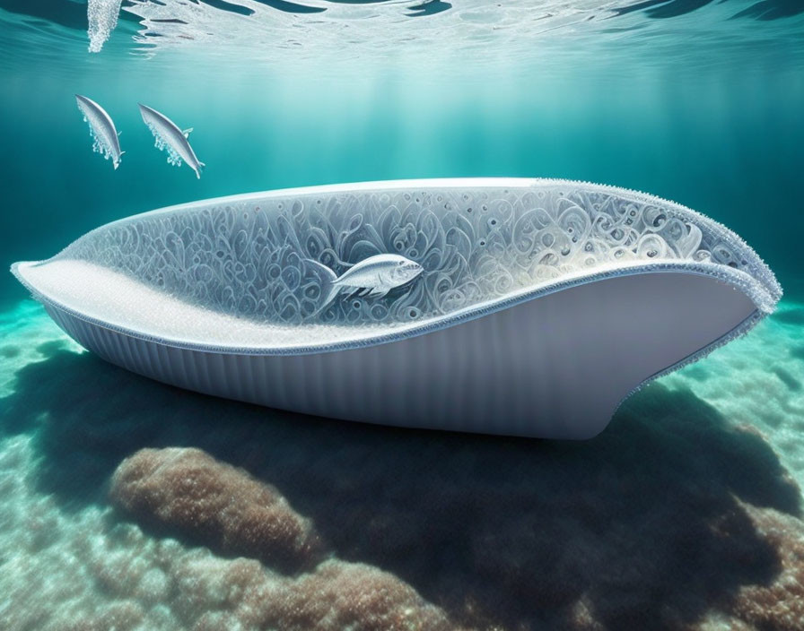 Whale-shaped bathtub underwater with fish and reef