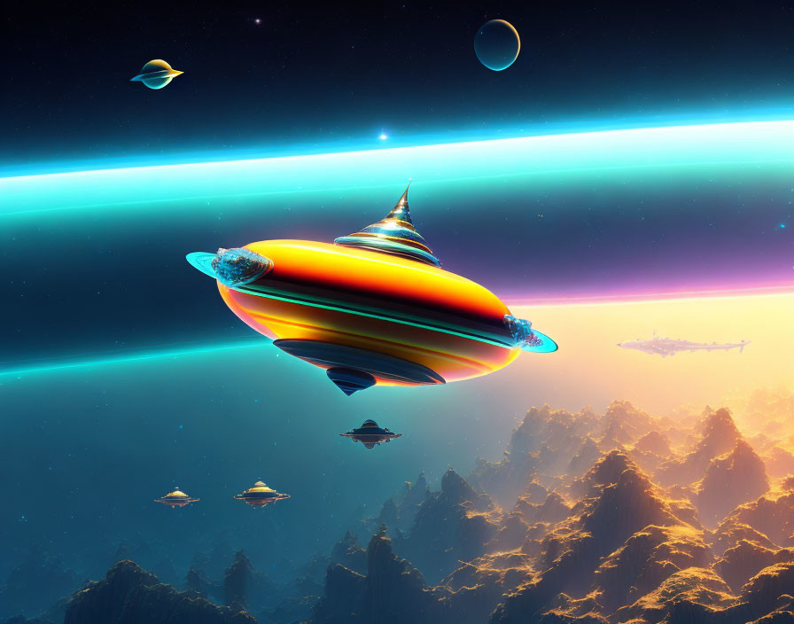 Colorful spaceship in vibrant sci-fi landscape