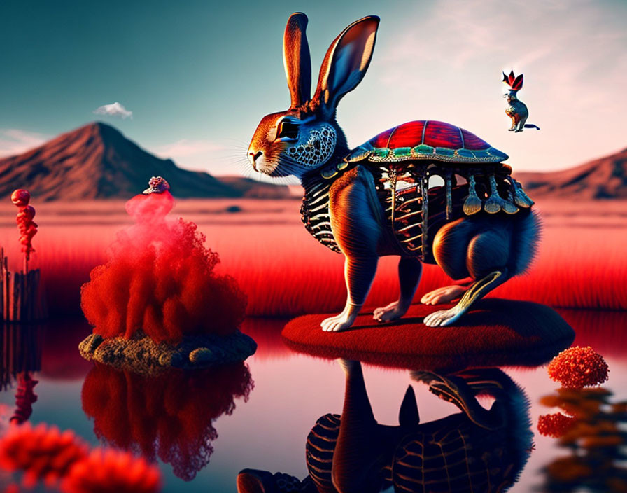 Colorfully Armored Rabbit by Reflective Lake with Red Vegetation and Twilight Sky