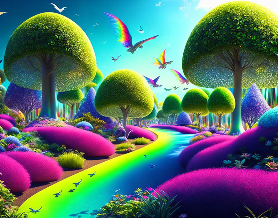 Colorful Oversized Vegetation and River in Fantastical Landscape