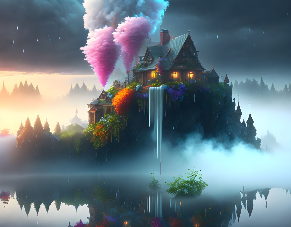 Mystical house on rocky peak with waterfalls and colorful trees