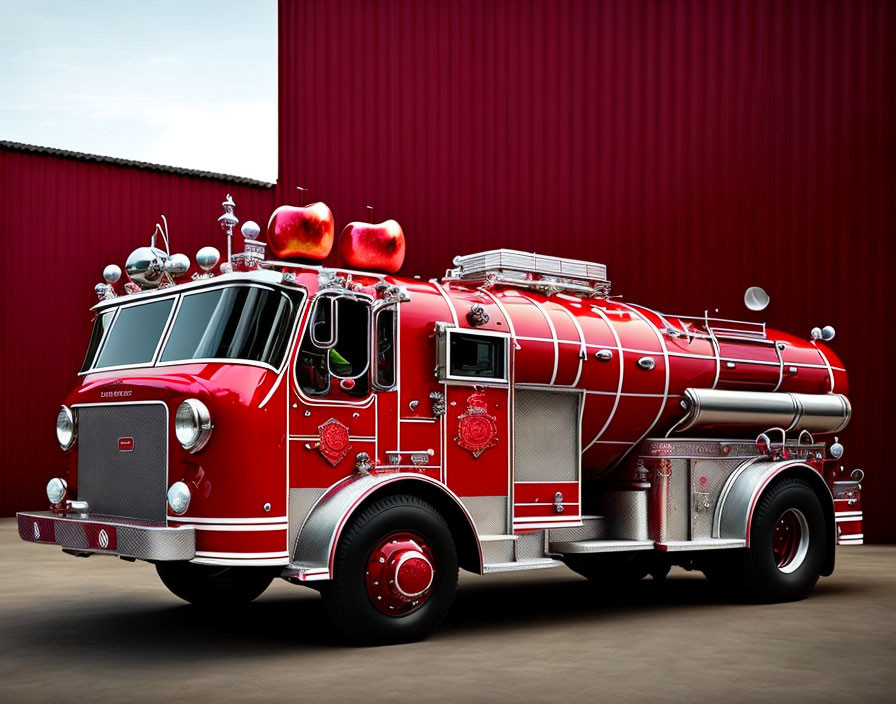 Vintage Red Fire Truck with Chrome Accents and Emergency Equipment