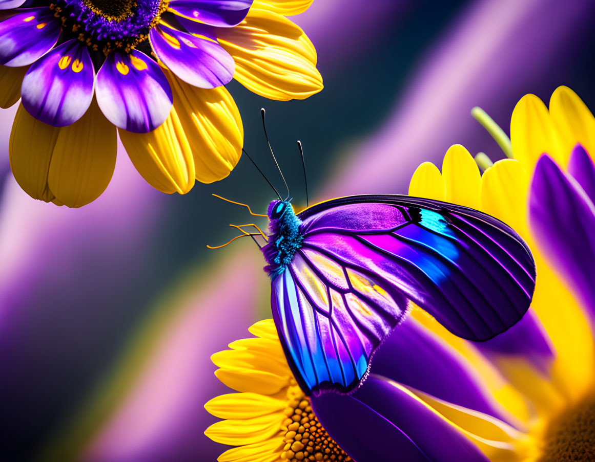 Colorful Butterfly on Yellow and Purple Flowers: Natural Beauty and Vivid Colors